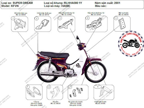 Bộ nhựa dàn áo Dream 100cc (1997-2009) đầu ngắn. Có 8 mẫu.