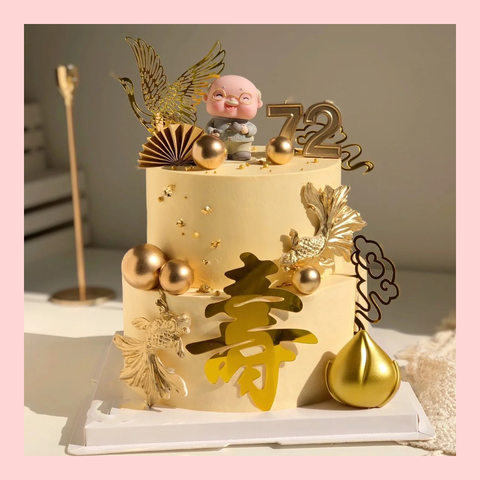 Bánh kem mừng thọ truyền thống tone vàng/hồng