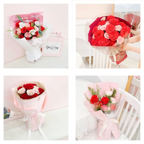 Bó hoa tươi tone đỏ phối giấy sáng màu