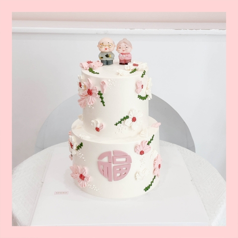 Bánh kem mừng thọ truyền thống tone vàng/hồng