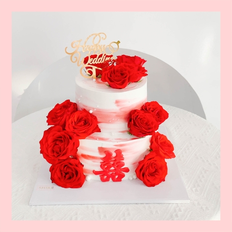 Bánh kem cưới bỏ quả 2 tầng trang trí hoa tươi