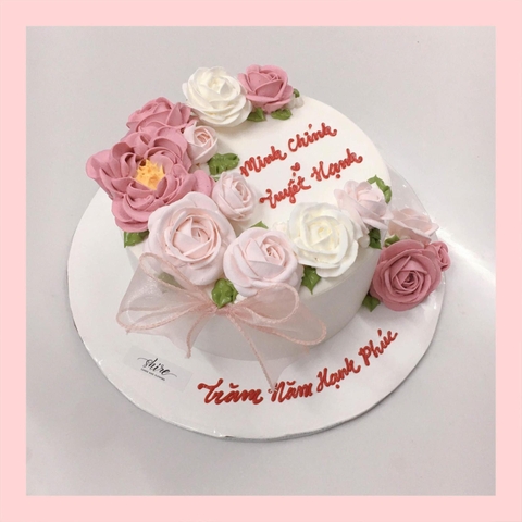 Bánh kem cưới bỏ quả 1 tầng trang trí hoa kem