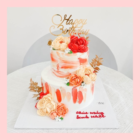 Bánh kem cưới bỏ quả 2 tầng trang trí hoa kem