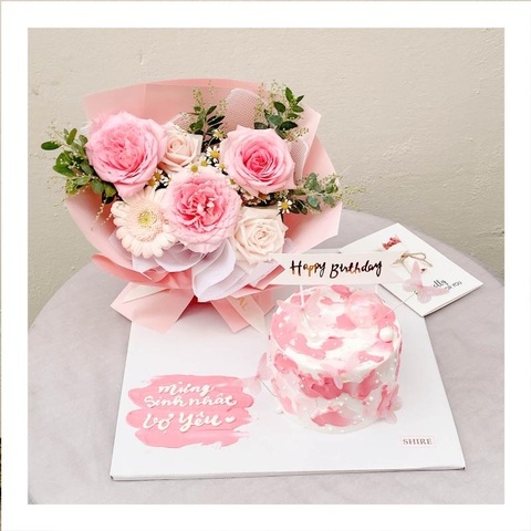 Set bánh kem & hoa tươi liền đế