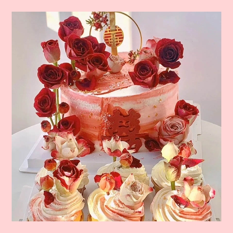 Bánh kem cưới tone đỏ phong cách Trung Hoa