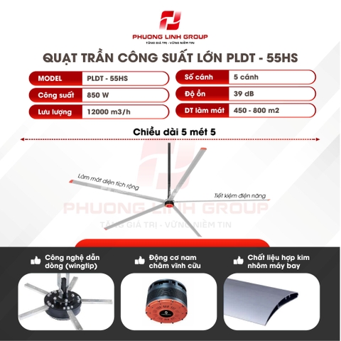Quạt trần nhà xưởng sải cánh 5m5 PLDT-55HS
