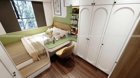 Ứng dụng tone màu xanh lá phối màu gỗ Walnut tại căn hộ Pegasuite Quận 8