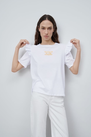 Áo nữ RUFFLED SLEEVE T-SHIRT WITH SLOGAN