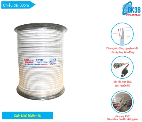 Cáp đồng trục liền nguồn Sino RG59 + 2C
