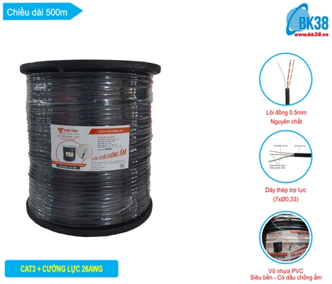 Dây cáp điện thoại 4 lõi Việt Hàn CAT3 kèm cường lực 26AWG (500m/cuộn)