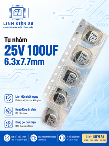 Tụ nhôm SMD 25V 100UF 6.3x7.7mm dán mới ( dây 10 con)