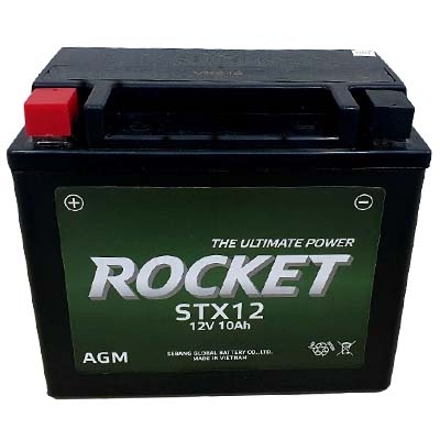 ẮC QUY KHÔ ROCKET, DÙNG CHO XE MÔ TÔ KAWASAKI AGM STX12, 12V-10AH
