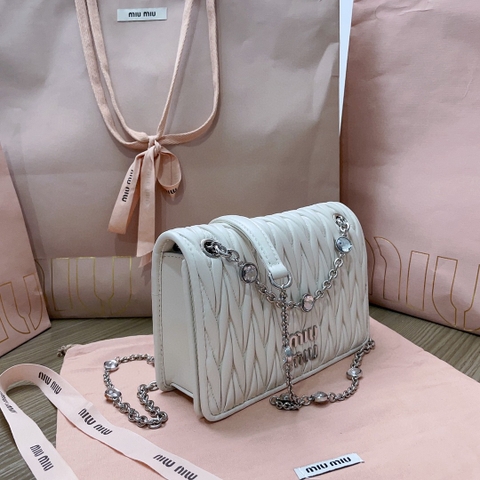 Miu Miu 5BP065 Matelassé nappa leather and crystal mini-bag white M1