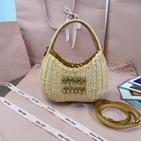 Miu Miu 5BC125_2CP3_F0V8N_V_OOO Wander woven raffia-effect yarn hobo bag with leather details Natural / Platinum M1