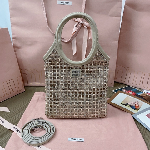 Miu Miu 5BA281 Sand Beige Satin Handbag With Synthetic Crystals M1