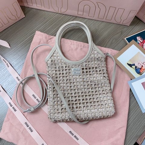 Miu Miu 5BA281 Sand Beige Satin Handbag With Synthetic Crystals M1