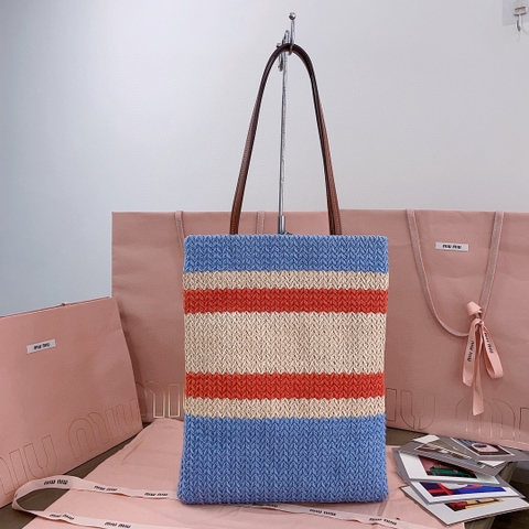 Miu Miu Crochet tote bag 5BG248_2DO3_F0O8A_V_ORO Tan / Light Blue M1