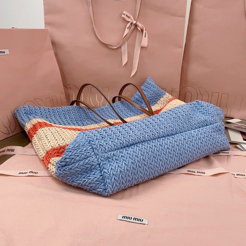Miu Miu Woven fabric tote bag 5BG228_2DO3_F0O8A_V_OOO tan/light blue