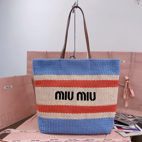 Miu Miu Woven fabric tote bag 5BG228_2DO3_F0O8A_V_OOO tan/light blue