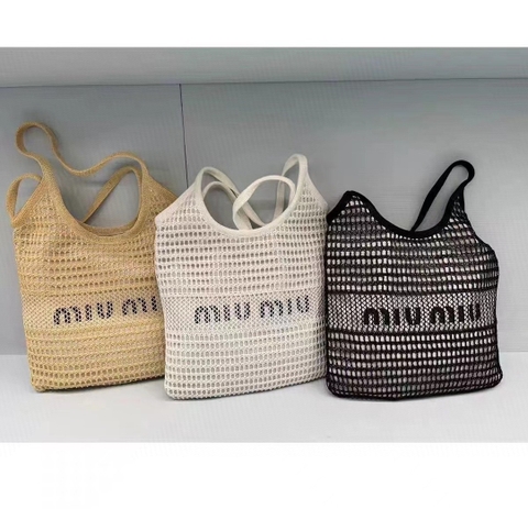 Miu Miu 5BG231 logo-print woven tote bag black