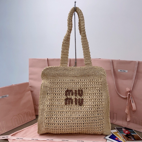 MIU MIU 5BG230 Woven fabric tote bag Beige/cognac