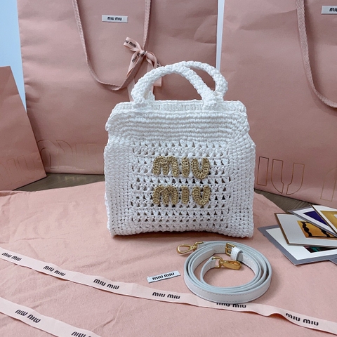 MIU MIU 5BA283 Raffia-effect crochet fabric tote bag white/beige