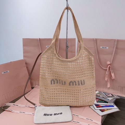 Miu Miu 5BG231 logo-print woven tote bag beige