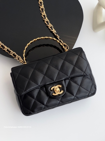 CHANEL MINI FLAP BAG WITH TOP HANDLE Shiny Lambskin Gold-Tone Metal Black