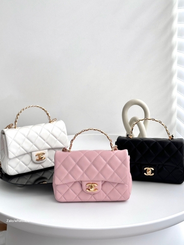 CHANEL MINI FLAP BAG WITH TOP HANDLE Shiny Lambskin Gold-Tone Metal white