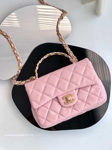 CHANEL MINI FLAP BAG WITH TOP HANDLE Shiny Lambskin Gold-Tone Metal pink