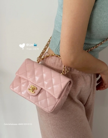 CHANEL MINI FLAP BAG WITH TOP HANDLE Shiny Lambskin Gold-Tone Metal pink