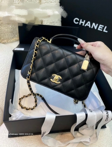 CHANEL 23b small FLAP BAG WITH TOP HANDLE Grained Calfskin & Gold-Tone Metal Black