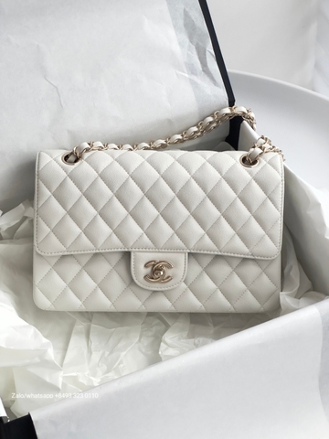 CHANEL CLASSIC HANDBAG Grained Calfskin & Gold-Tone Metal White