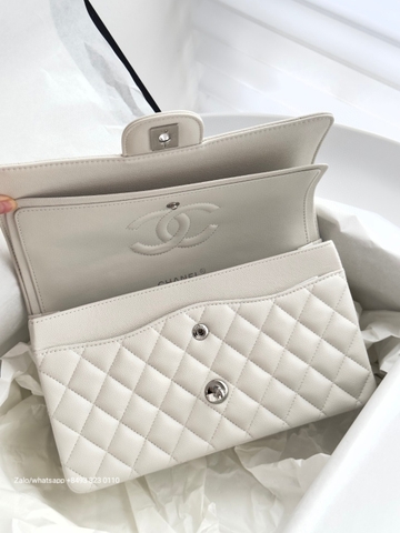 CHANEL CLASSIC HANDBAG Grained Calfskin & dark-Tone Metal White