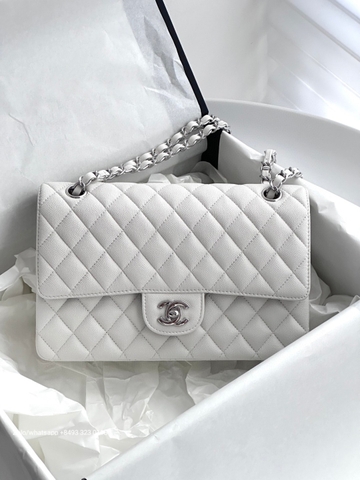 CHANEL CLASSIC HANDBAG Grained Calfskin & dark-Tone Metal White