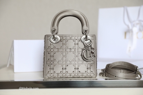 MINI LADY DIOR BAG Gray Strass Cannage Satin