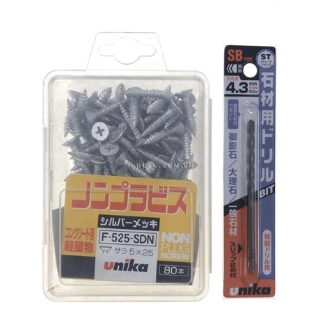 Ốc Vít bắt tường, bê tông 5.0x25mm đầu bằng Unika F-525-SDN (kèm mũi SB4.3mm)