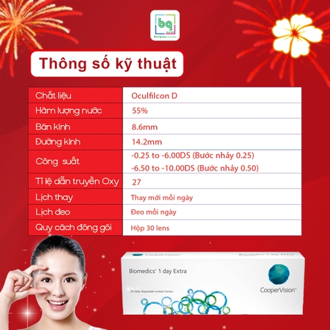 Kính áp tròng trong suốt Biomedics 1 Day Extra