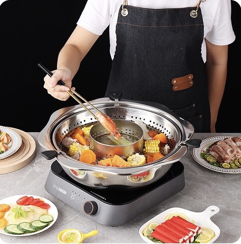 Nồi lẩu xoay inox 2 trong 1 cao cấp size 32cm