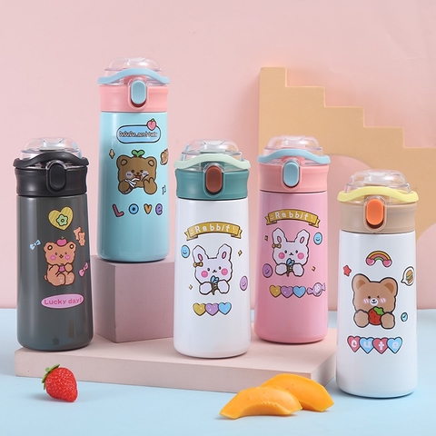 Bình giữ nhiệt trẻ em có ống hút kèm sticker hình gấu 500ml