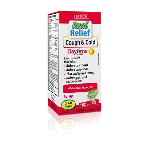 Siro cảm cúm vi lượng đồng căn dùng ban ngày Homeocan Real Relief Cough and Cold cho người lớn (100ml)