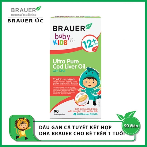 Dầu gan cá tuyết Brauer Baby and Kids Ultra Pure Cod Liver Oil bổ sung DHA cho trẻ trên 12 tháng tuổi (90 viên)