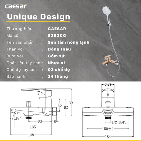 Vòi Sen CAESAR S393CG Màu Nâu Đồng Tay Sen Massage