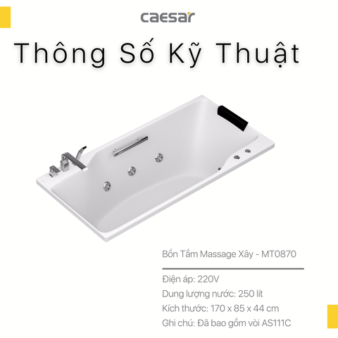 Bồn tắm dài Caesar MT0870a loại xây massage dài 1m7