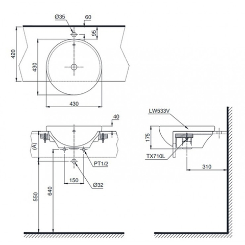 Lavabo chậu rửa mặt TOTO LT533R#XW bán âm sứ chống bám bẩn