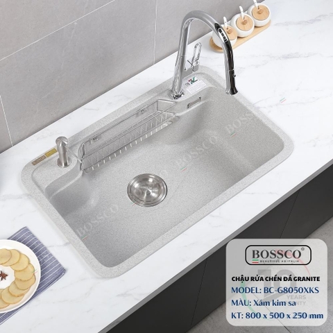 Chậu rửa chén đá BOSSCO BC-G8050XKS 1 hộc bo góc
