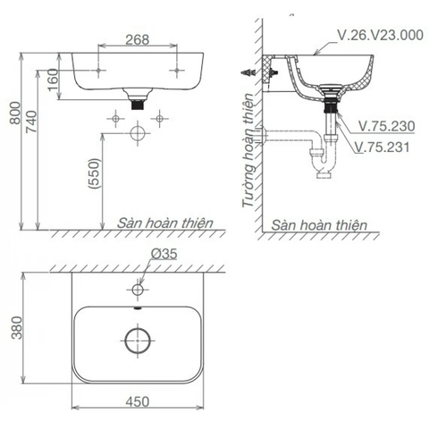 Lavabo chậu rửa mặt Viglacera V23 treo tường + chân