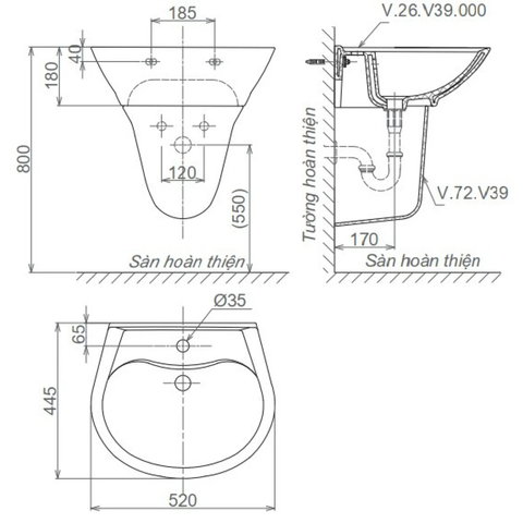 Lavabo chậu rửa mặt Viglacera V39 treo tường + chân