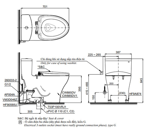 Bồn cầu 1 khối TOTO MS885DW14 nắp rửa C5 - TCF24410AAA
