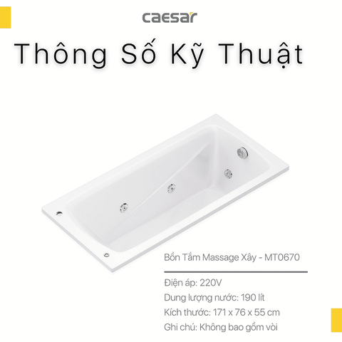 Bồn tắm dài Caesar MT0670 dài 1m7 loại xây có massage